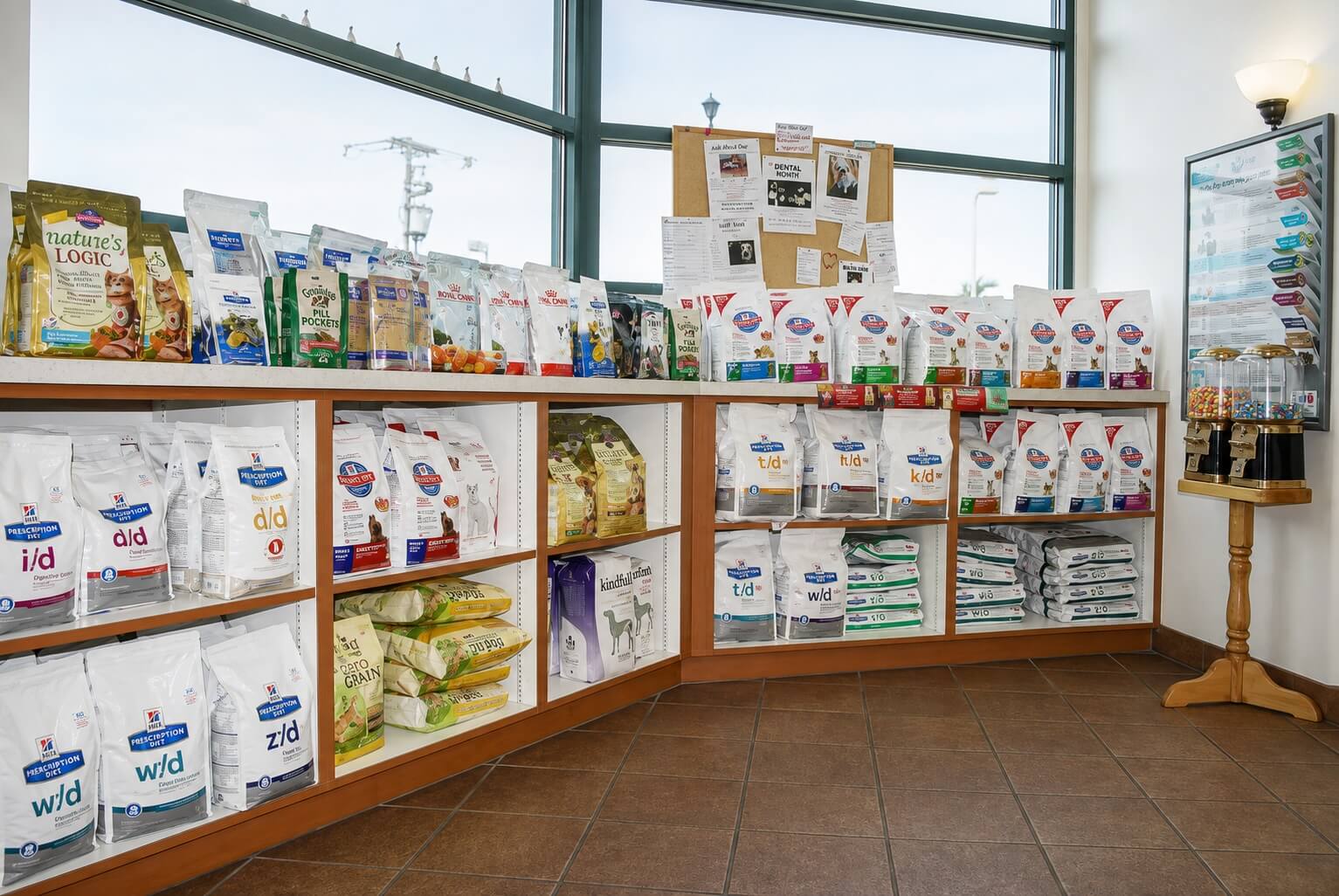 Shelves stocked with prescription pet food and supplies in the veterinary pharmacy in Las Vegas